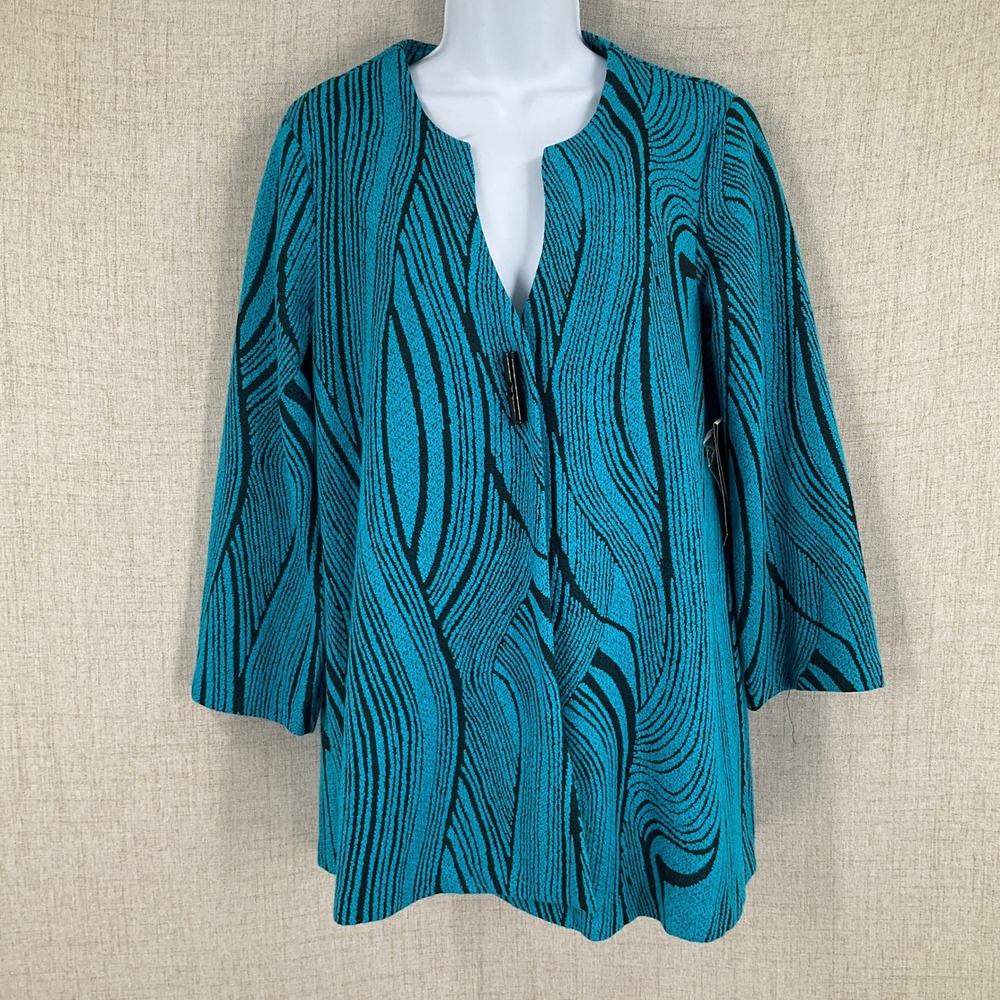 Ali Miles‎ Jacket Women S Teal 3/4 Sleeve Abstract Wave Toggle Art To Wear NEW